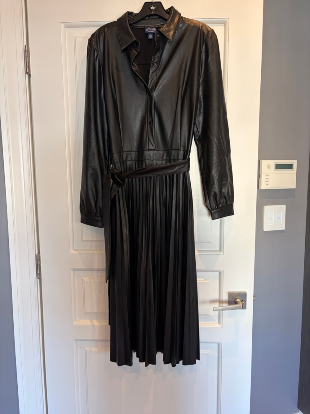 Black Faux Leather Pleated Shirt Dress with Tie Waist